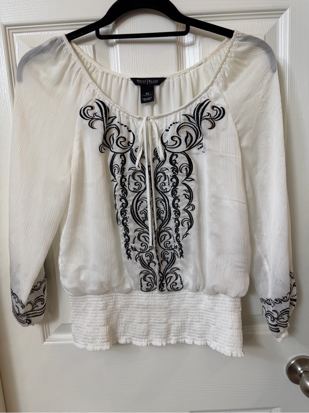 White House Black Market White Peasant Top with Black Embroidery